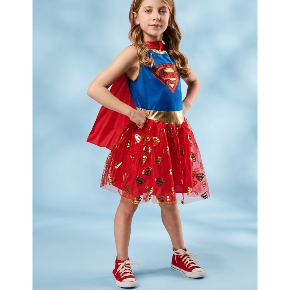 DC Comics Supergirl Girls Costume 3pc Set Dress Cape Headband Blue Red S 6/6X